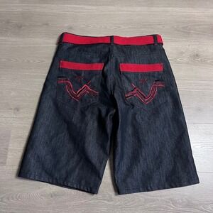 Y2K RED APE Mens Dark Wash Denim Shorts Red Belt Embroidered 36 Wide Leg Baggy
